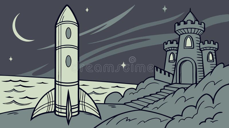 Rocket Launch Near a Moonlit Castle vetor design Generative AI vektor illustrationer