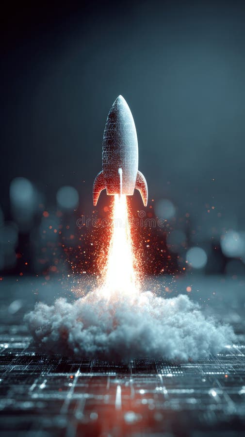 Rocket launch smoke fire technology futuristic night glowing energy power dynamic innovation science exploration sky space vector illustration