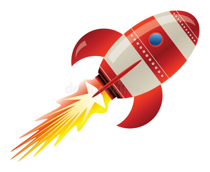 Stylized illustration of a retro rocket blasting off into the sky. Stylized illustration of a retro rocket blasting off into the sky