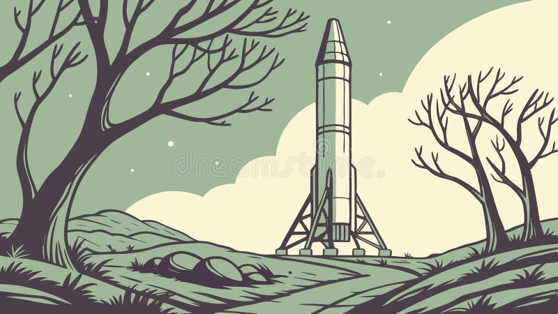 Rocket på kallt landskap med rena träd, avolat startsvektor Generativ AI stock illustrationer