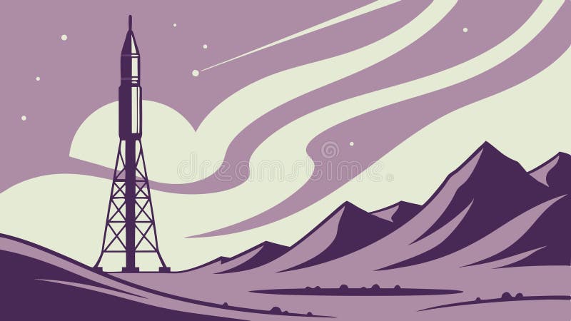 Rocket på startplattan mitt i berg under vibrant sky-vektordesign Generativ AI royaltyfri illustrationer