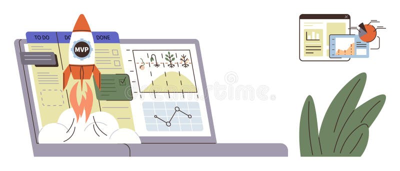 Rocket Launching from a Laptop with Data and Analytics Dashboard for Project Management Success vector illustration