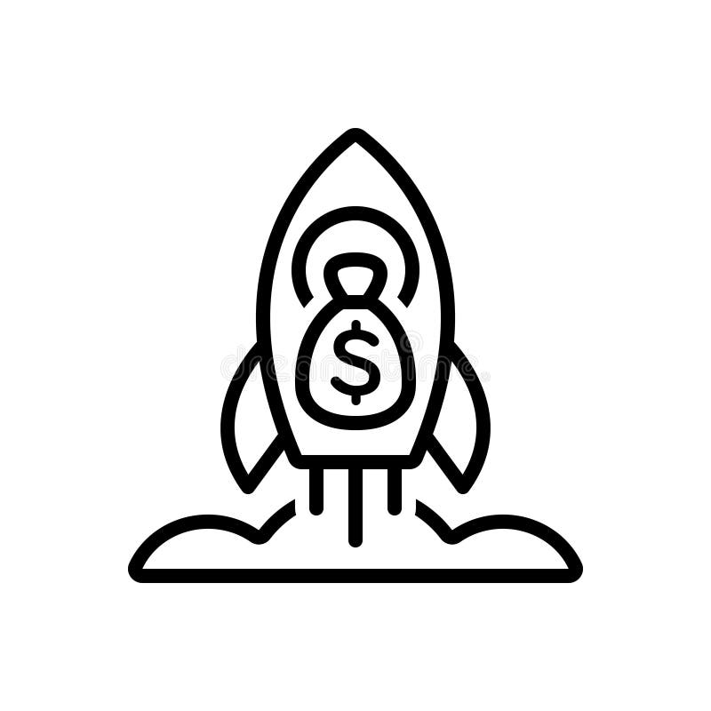 Black line icon for Rocket Space, Ship With Money and Bag Of Dollar stock illustration
