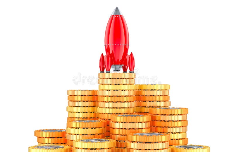 Rocket with stack of golden coins. 3D rendering stock illustration