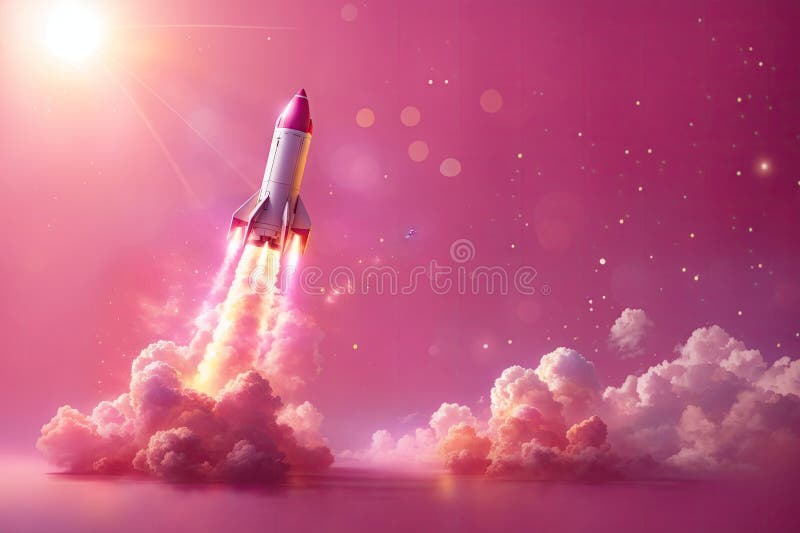 Rocket take off on pink background. ai generative stock illustration