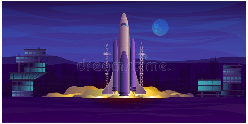 Rocket take-off from spaceport to space, vector flat graphic royalty free illustration