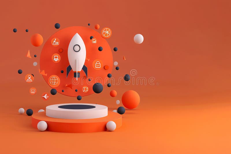 Rocketship with floating digital business icons, 3d goal business concepts, generated ai vector illustration