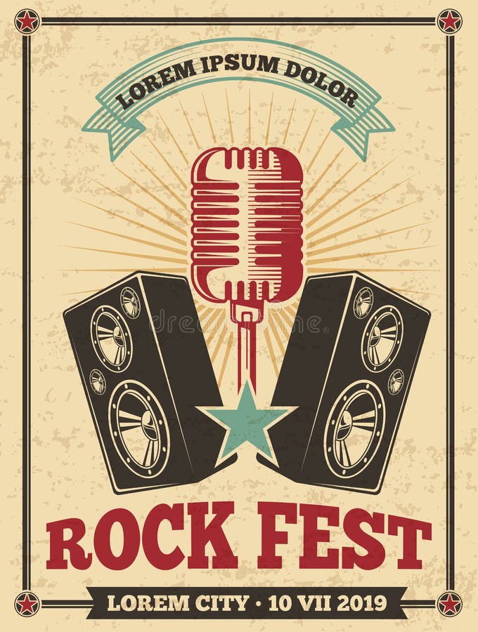 Rockfestivalweinlese-Vektorplakat Retro- Hintergrund des Rock-and-Rollkonzerts lizenzfreie abbildung