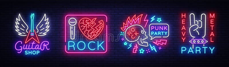 Rockmusiksammlung Leuchtreklame-Vektor Gesetzte Logos der Rockmusik, Gitarren-Shop, Nachtneonschild, Gestaltungselement stock abbildung Rockmusiksammlung Leuchtreklame-Vektor Gesetzte Logos der Rockmusik, Gitarren-Shop, Nachtneonschild, Gestaltungselement stock abbildung