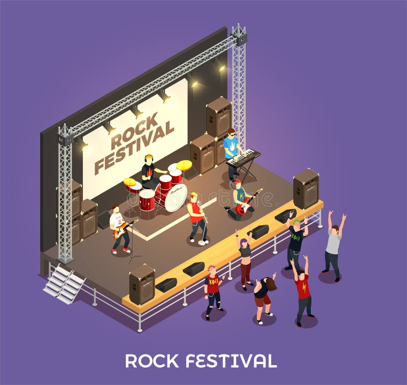 Rock festival isometric composition on purple background with musicians on stage, concert equipment, admirers vector illustration. Rock festival isometric composition on purple background with musicians on stage, concert equipment, admirers vector illustration