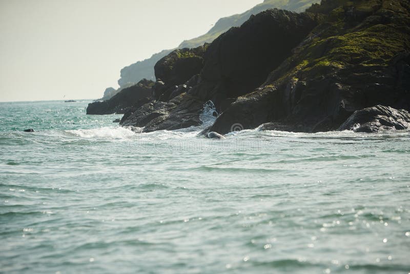 Rocks Covered with Moss on the Sea Island Coast. Stock Photo Image of
