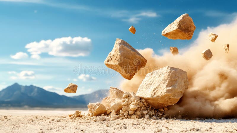 Rocks exploderar på en ökenmark och skapar damm under blå himmel vektor illustrationer