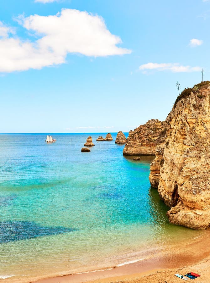 Rocks and Sandy Beach in Portugal, Atlantic Coast, Algarve. Stock Photo ...