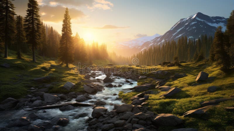 Golden Hour Wilderness Landscape: Sunrays Illuminating Forest Valley stock illustration