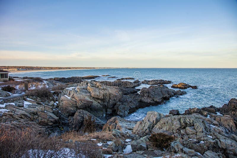 Rocky Coast of Maine, USA at Sunset in Ogunquit during Winter Stock