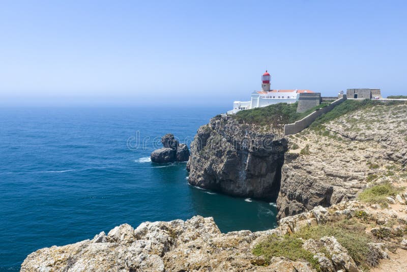 Rocky coastline and lighthouse in Sagres, Portugal