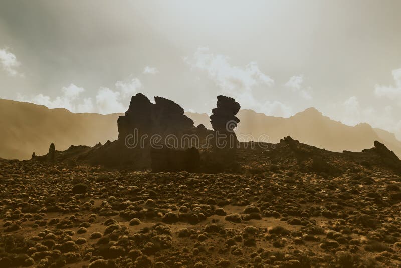 Rocky desert, extraterrestrial landscape view. Roque Cinchado in Teide National Park, Tenerife, Canary Islands, Spain.