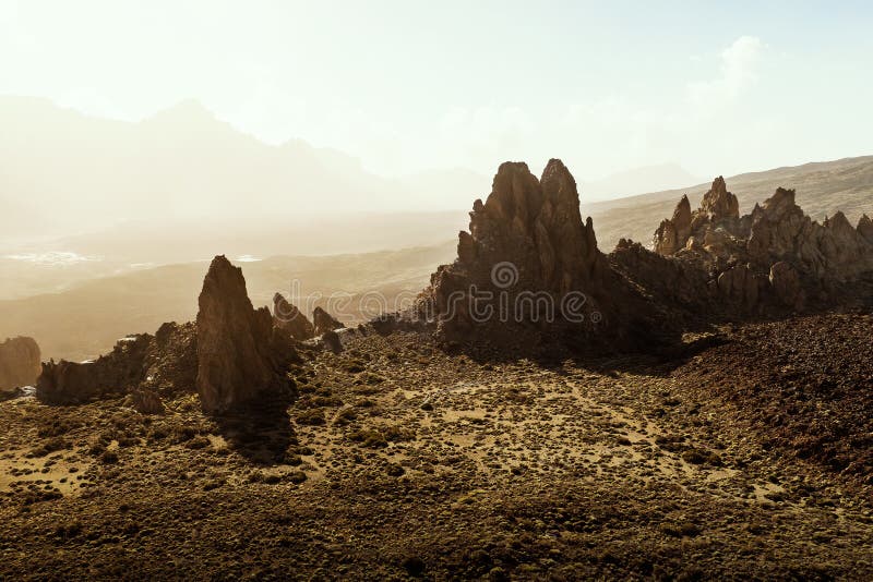 Rocky desert, extraterrestrial landscape view. Roque Cinchado in Teide National Park, Tenerife, Canary Islands, Spain.