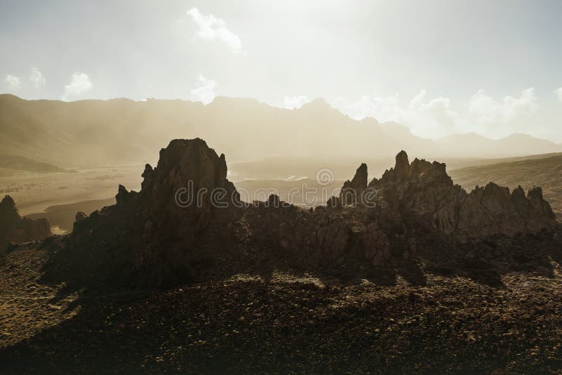 Rocky desert, extraterrestrial landscape view. Roque Cinchado in Teide National Park, Tenerife, Canary Islands, Spain.