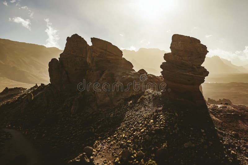 Rocky desert, extraterrestrial landscape view. Roque Cinchado in Teide National Park, Tenerife, Canary Islands, Spain.