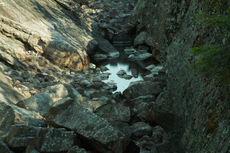 Rocky Dry River. Dry Watercourse of the River with the Rocks and Water