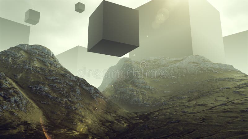 Rocky Hills With Floating Geometric Alien Cube Shapes Stock Illustration Illustration Of Floating Hills
