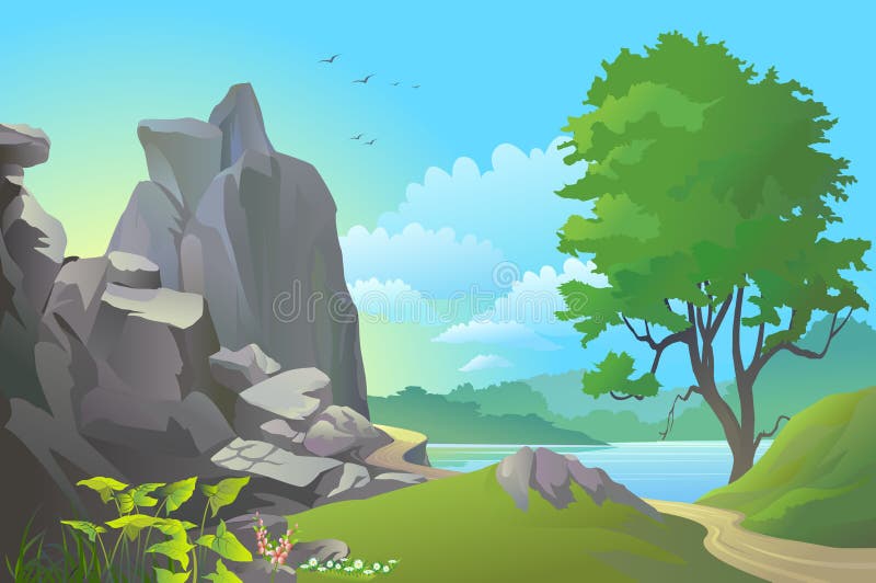 Rocky hills , river and vast blue sky royalty free illustration Rocky hills , river and vast blue sky royalty free illustration