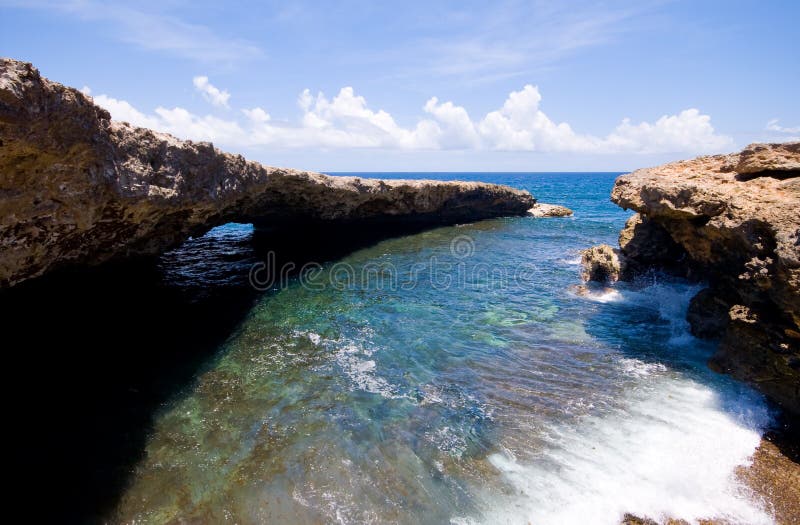 Rocky shore with natural bridge