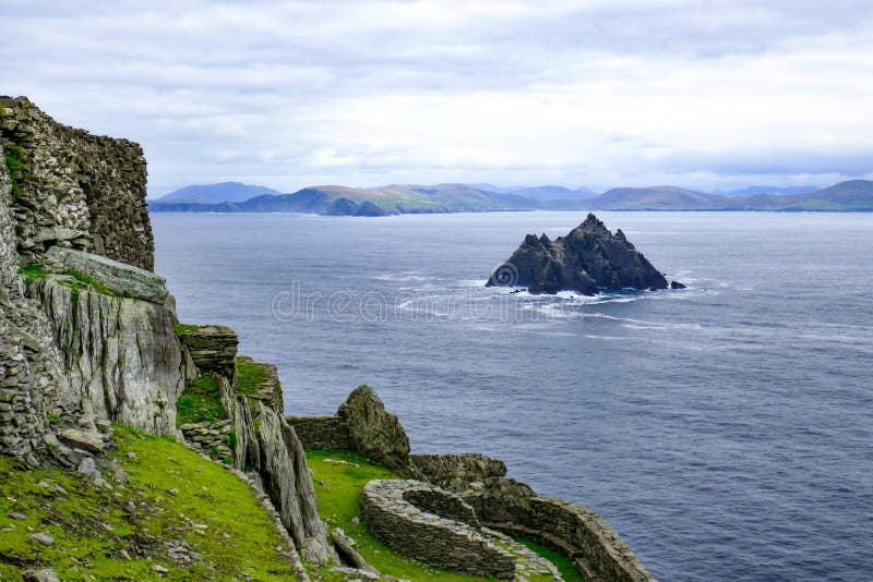 Rocky steep Little Skellig Island in the Atlantic Ocean, off of Ireland, as seen from Skellig Michael Island, larger of the two. royalty free stock photos Rocky steep Little Skellig Island in the Atlantic Ocean, off of Ireland, as seen from Skellig Michael Island, larger of the two. royalty free stock photos