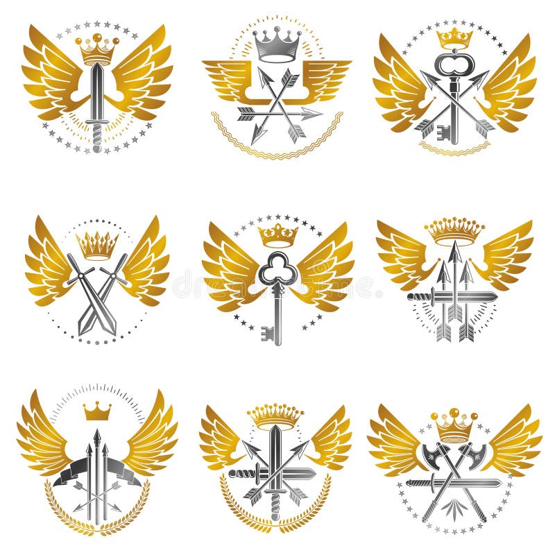 Rocznik broni emblematy ustawiający Heraldyczny żakiet ręki, rocznika vecto ilustracja wektor