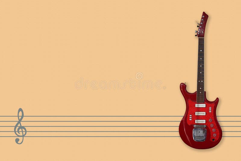 Rocznik gitara elektryczna, muzyka personel i Clef, obraz stock Rocznik gitara elektryczna, muzyka personel i Clef, obraz stock