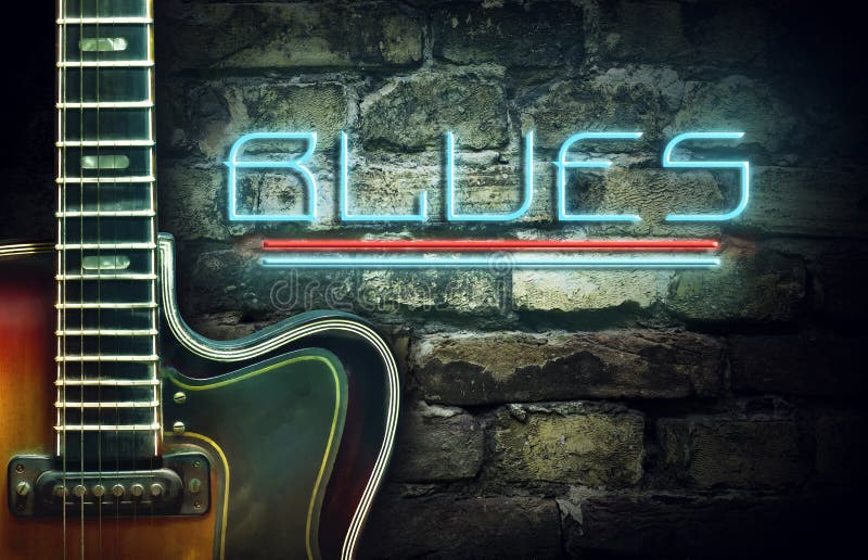 Rocznik gitara i neonowi wpisowi błękity na tle stary ściana z cegieł Pojęcie muzyka zdjęcie stock Rocznik gitara i neonowi wpisowi błękity na tle stary ściana z cegieł Pojęcie muzyka zdjęcie stock