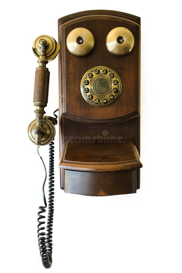 Antique wood telefon telephone on white batskground. Antique wood telefon telephone on white batskground