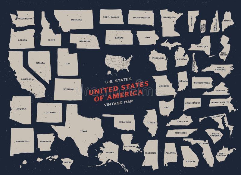 Vintage map of United States of America 50 states vector map with name of each states isolated on dark background. Vintage map of United States of America 50 states vector map with name of each states isolated on dark background.