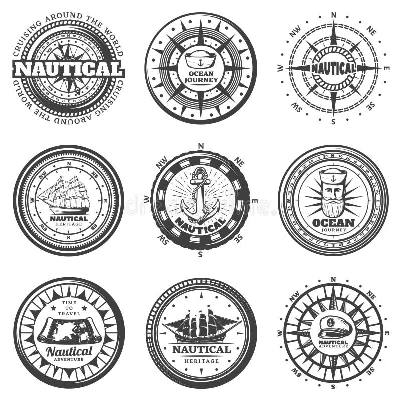 Rocznik Monochromatyczne Round Nautyczne etykietki Ustawiać royalty ilustracja