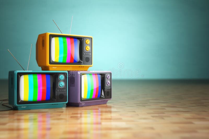 Rocznik telewizi pojęcie Sterta retro telewizor na zielonym backg