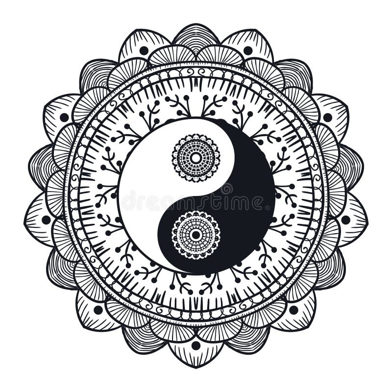 Vintage Yin and Yang in Mandala. Tao symbol for print, tattoo, coloring book,fabric, t-shirt, yoga, henna, cloth in boho style. Mehndi, occult and tribal, esoteric and alchemy sign. Vector. Vintage Yin and Yang in Mandala. Tao symbol for print, tattoo, coloring book,fabric, t-shirt, yoga, henna, cloth in boho style. Mehndi, occult and tribal, esoteric and alchemy sign. Vector