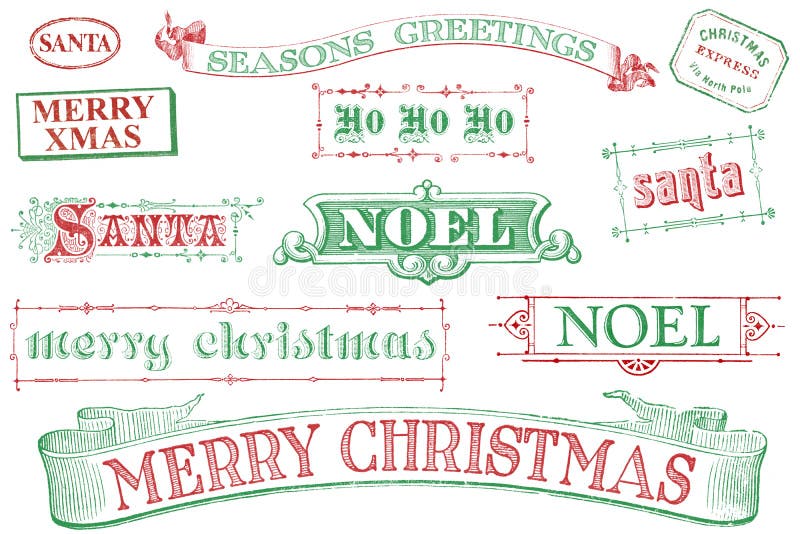 A set of distressed, old-style red and green Christmas-themed stamps. Similar in style to imprints from the 1800s. Isolated on white. A set of distressed, old-style red and green Christmas-themed stamps. Similar in style to imprints from the 1800s. Isolated on white.