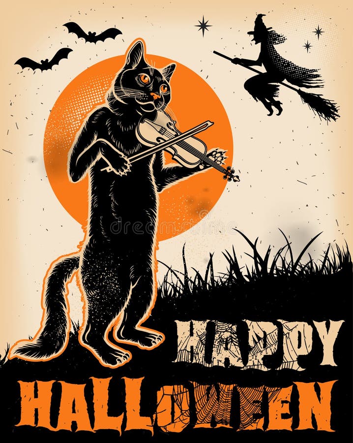 Rocznika Halloweenowy kot Bawić się Skrzypcowego plakat