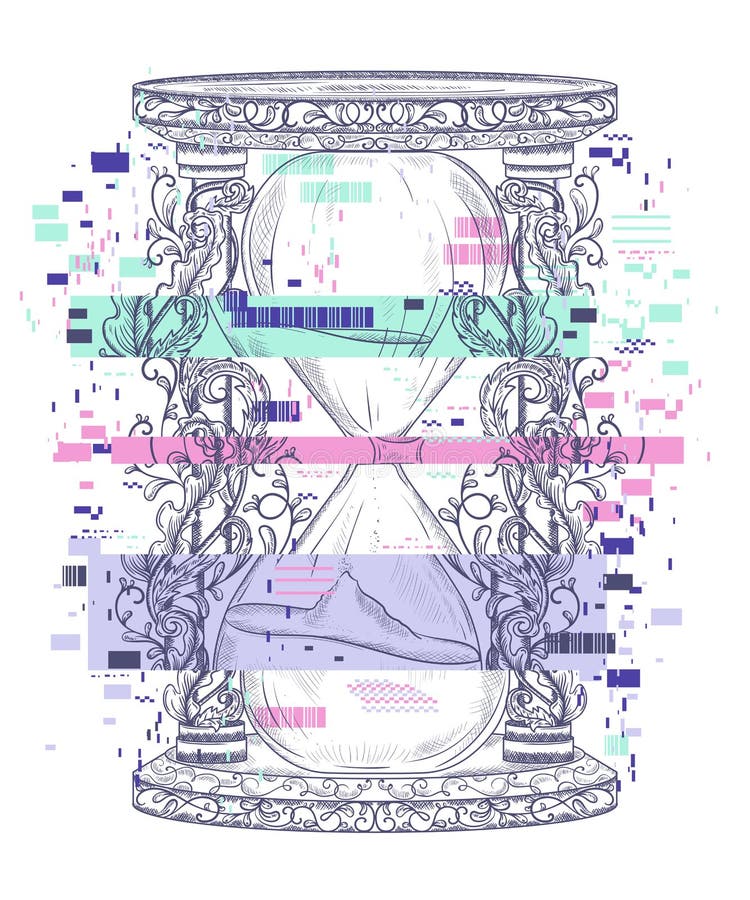 Rocznika hourglass z kwiecistego ornamentu i usterka piksla hałasem Grawerujący styl Odosobniony przedmiot royalty ilustracja