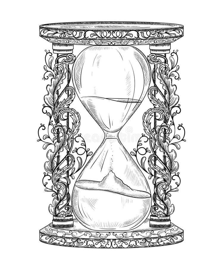 Rocznika hourglass z kwiecistym ornamentem Grawerujący styl Odosobniony przedmiot royalty ilustracja