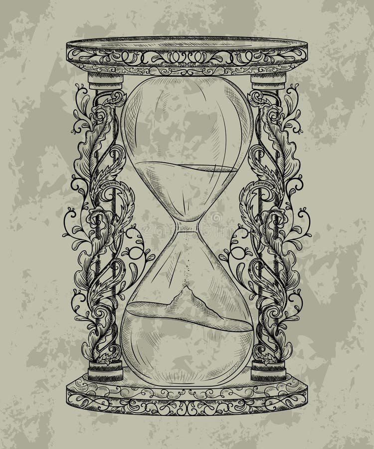 Rocznika hourglass z kwiecistym ornamentem Grawerujący styl Odosobniony przedmiot ilustracji