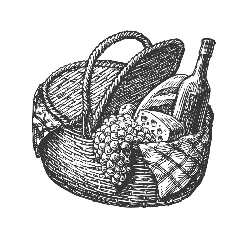 Rocznika kosz z jedzeniem tak jak butelka wino lub, ser, wiązek winogrona, bochenek Nakreślenie wektor royalty ilustracja