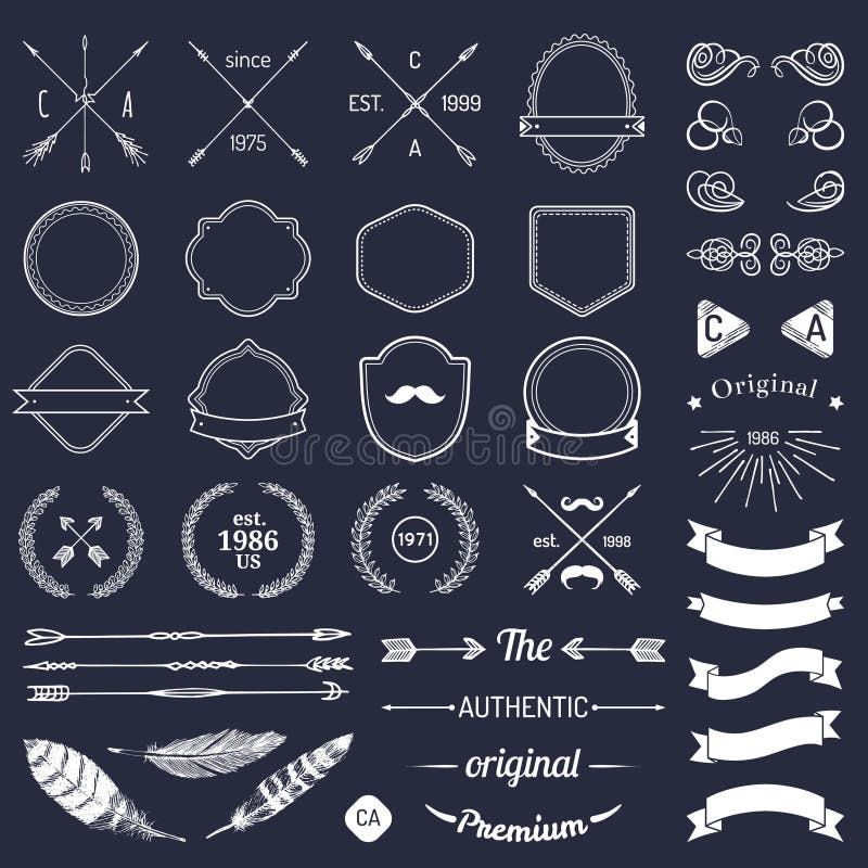 Rocznika modnisia loga elementy z strzała, faborki, piórka, bobki, odznaki Emblemata szablonu konstruktor Iicon twórca