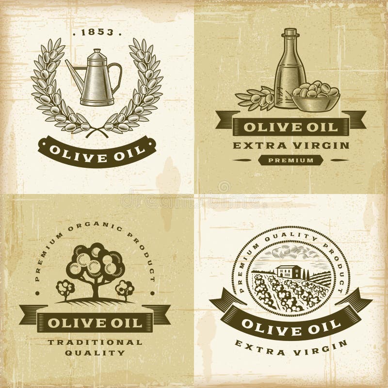 Rocznika oliwa z oliwek etykietki ustawiać ilustracji Rocznika oliwa z oliwek etykietki ustawiać ilustracji