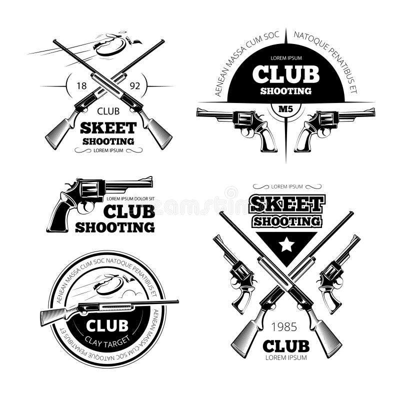 Vintage gun club labels, logos, emblems set. Badge and gun, weapon rifle, vector illustration. Vintage gun club labels, logos, emblems set. Badge and gun, weapon rifle, vector illustration