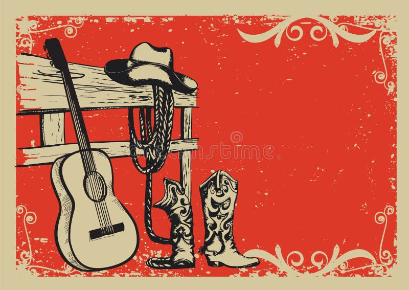 Rocznika plakat z kowboj odzieżową i muzyczną gitarą ilustracja wektor Rocznika plakat z kowboj odzieżową i muzyczną gitarą ilustracja wektor