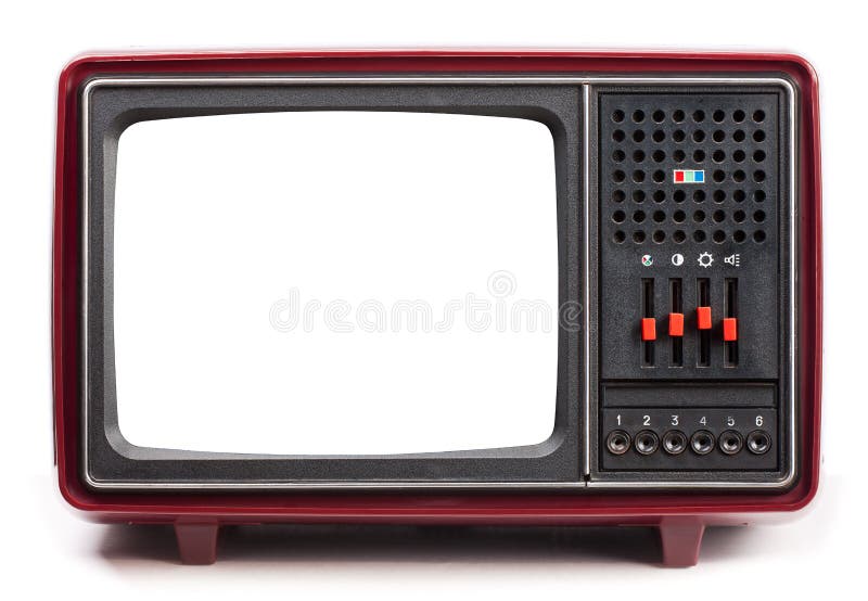 Front panel of red vintage portable CRT television set made in USSR with cut out screen isolated on white background. Retro technology concept. Front panel of red vintage portable CRT television set made in USSR with cut out screen isolated on white background. Retro technology concept