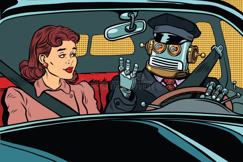 Rocznika robota autopilota retro samochód, kobieta pasażer ilustracji Rocznika robota autopilota retro samochód, kobieta pasażer ilustracji