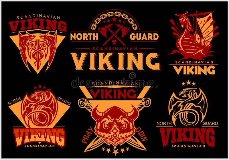 Rocznika Viking emblematy ustawiający z scandinavian elementami na ciemnym tle ilustracji Rocznika Viking emblematy ustawiający z scandinavian elementami na ciemnym tle ilustracji